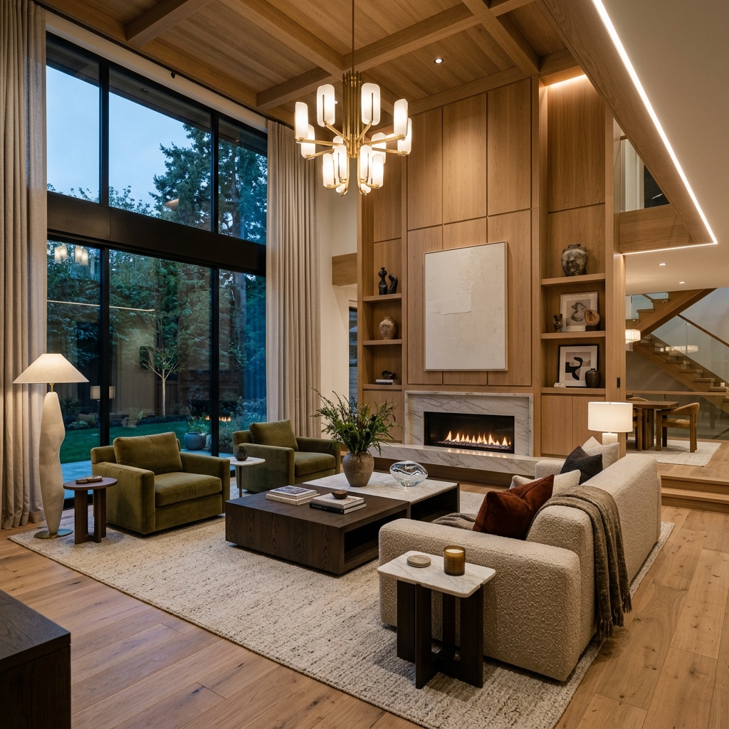 Salón moderno con acabados en madera noble